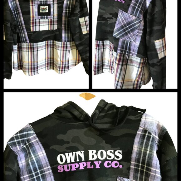 Patchwork Camo Hoodie, Size M-L: Upcycled Hipster Grunge Violet Plaid Sweatshirt - Picture 14 of 14